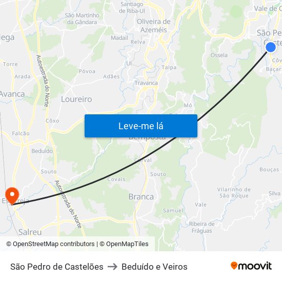 São Pedro de Castelões to Beduído e Veiros map