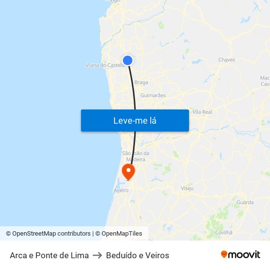 Arca e Ponte de Lima to Beduído e Veiros map