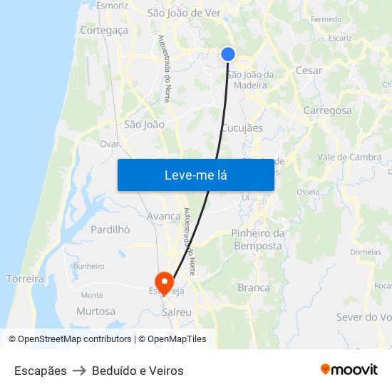 Escapães to Beduído e Veiros map