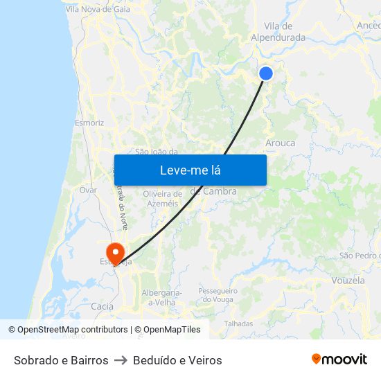 Sobrado e Bairros to Beduído e Veiros map