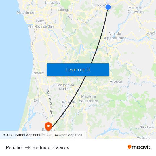 Penafiel to Beduído e Veiros map