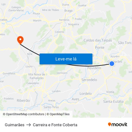 Guimarães to Carreira e Fonte Coberta map