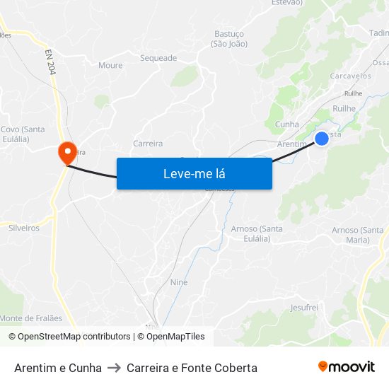 Arentim e Cunha to Carreira e Fonte Coberta map