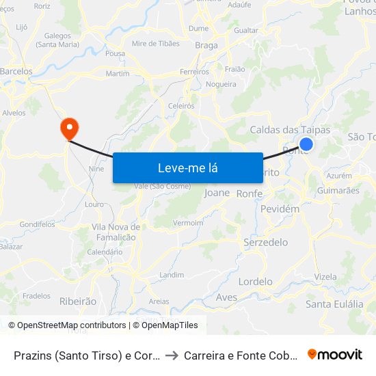 Prazins (Santo Tirso) e Corvite to Carreira e Fonte Coberta map