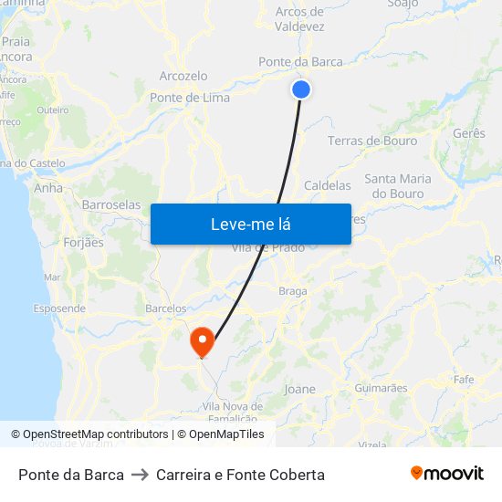 Ponte da Barca to Carreira e Fonte Coberta map