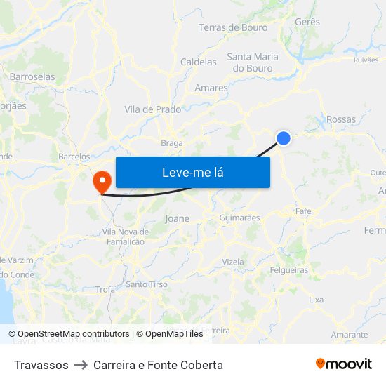 Travassos to Carreira e Fonte Coberta map