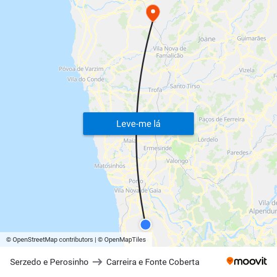 Serzedo e Perosinho to Carreira e Fonte Coberta map