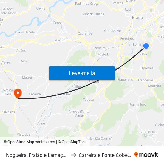 Nogueira, Fraião e Lamaçães to Carreira e Fonte Coberta map
