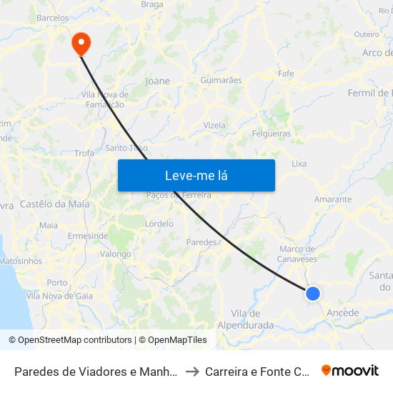Paredes de Viadores e Manhuncelos to Carreira e Fonte Coberta map