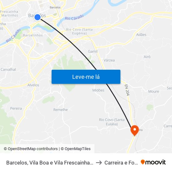 Barcelos, Vila Boa e Vila Frescainha (São Martinho e São Pedro) to Carreira e Fonte Coberta map