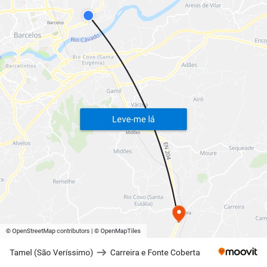 Tamel (São Veríssimo) to Carreira e Fonte Coberta map