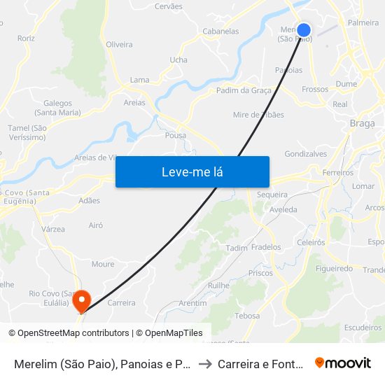 Merelim (São Paio), Panoias e Parada de Tibães to Carreira e Fonte Coberta map