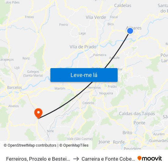 Ferreiros, Prozelo e Besteiros to Carreira e Fonte Coberta map