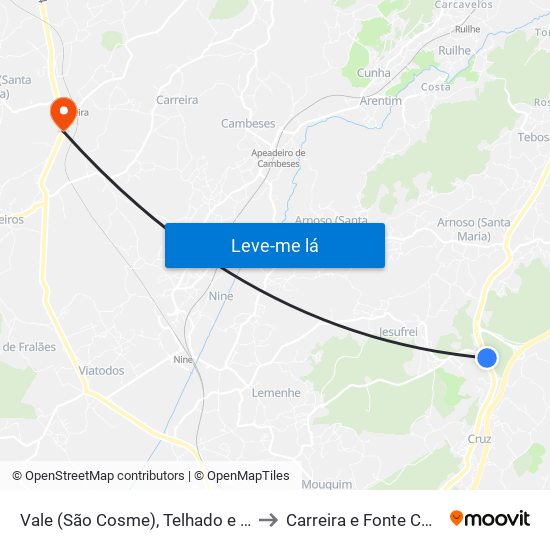 Vale (São Cosme), Telhado e Portela to Carreira e Fonte Coberta map