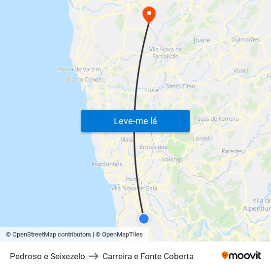 Pedroso e Seixezelo to Carreira e Fonte Coberta map