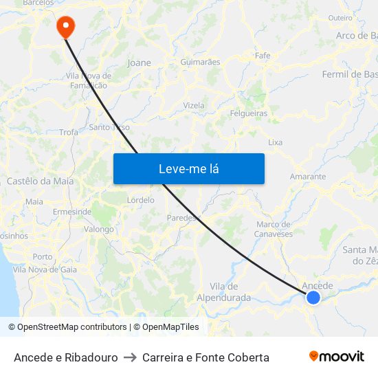 Ancede e Ribadouro to Carreira e Fonte Coberta map