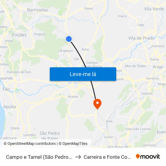 Campo e Tamel (São Pedro Fins) to Carreira e Fonte Coberta map