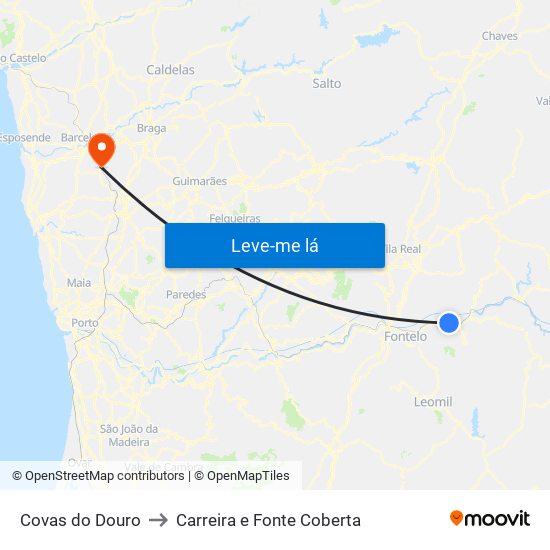 Covas do Douro to Carreira e Fonte Coberta map