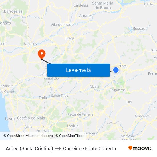 Arões (Santa Cristina) to Carreira e Fonte Coberta map