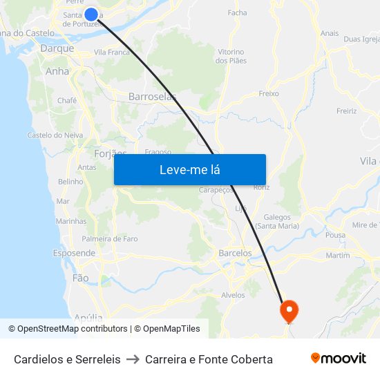 Cardielos e Serreleis to Carreira e Fonte Coberta map