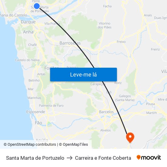 Santa Marta de Portuzelo to Carreira e Fonte Coberta map