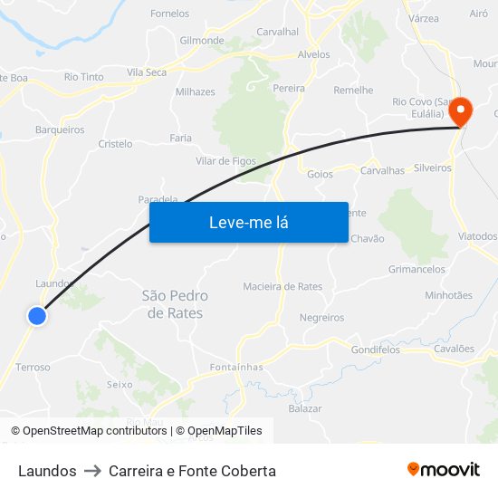 Laundos to Carreira e Fonte Coberta map