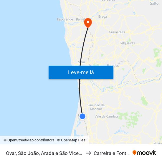 Ovar, São João, Arada e São Vicente de Pereira Jusã to Carreira e Fonte Coberta map