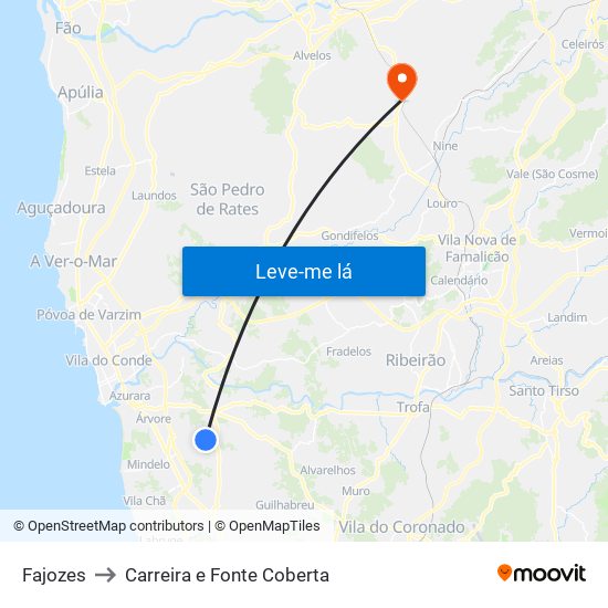 Fajozes to Carreira e Fonte Coberta map