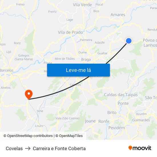 Covelas to Carreira e Fonte Coberta map