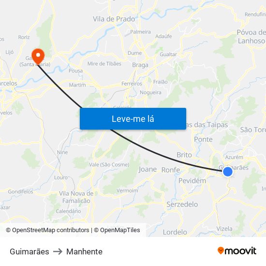 Guimarães to Manhente map