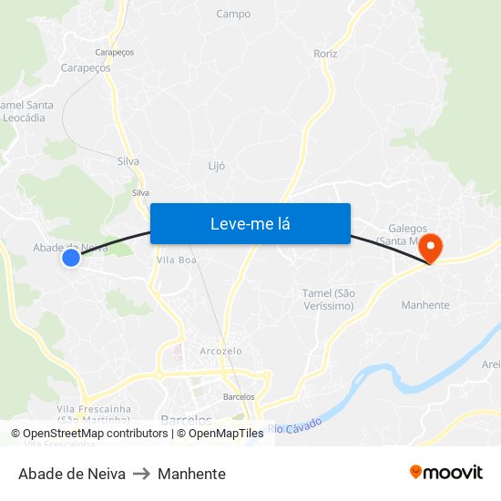 Abade de Neiva to Manhente map