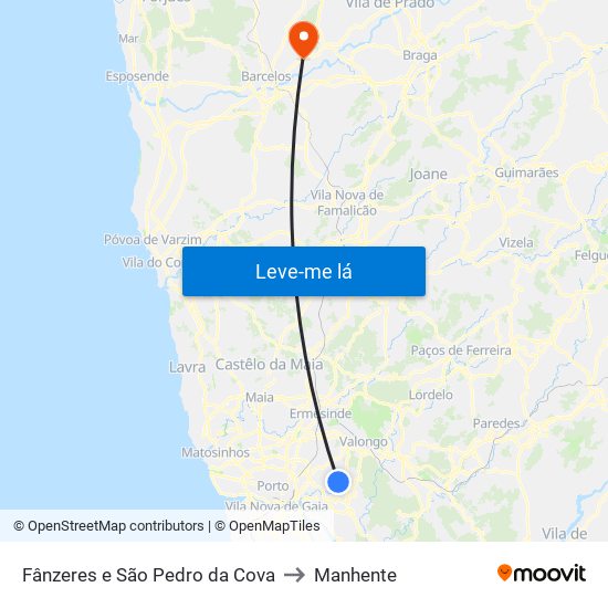 Fânzeres e São Pedro da Cova to Manhente map