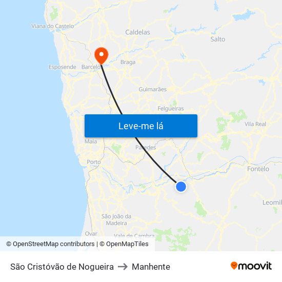 São Cristóvão de Nogueira to Manhente map