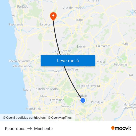 Rebordosa to Manhente map