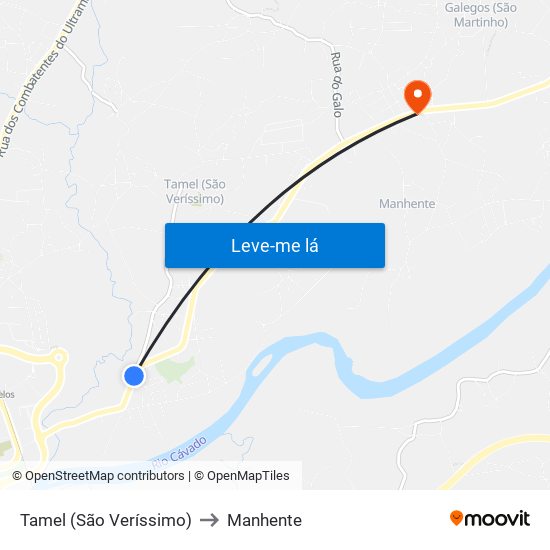Tamel (São Veríssimo) to Manhente map