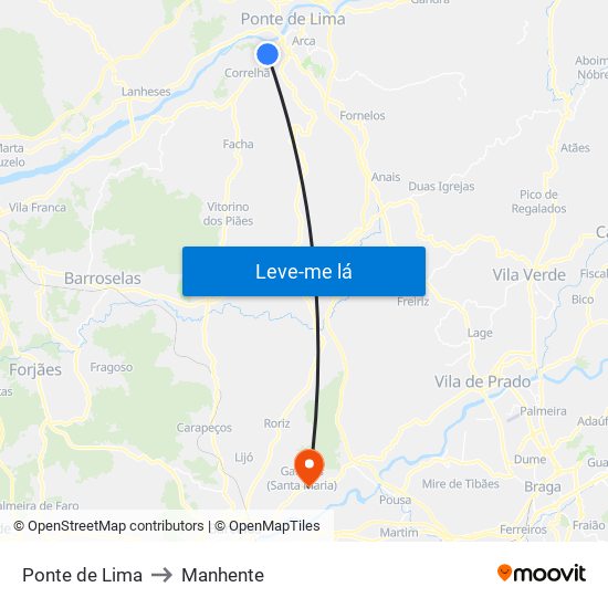 Ponte de Lima to Manhente map