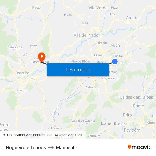 Nogueiró e Tenões to Manhente map