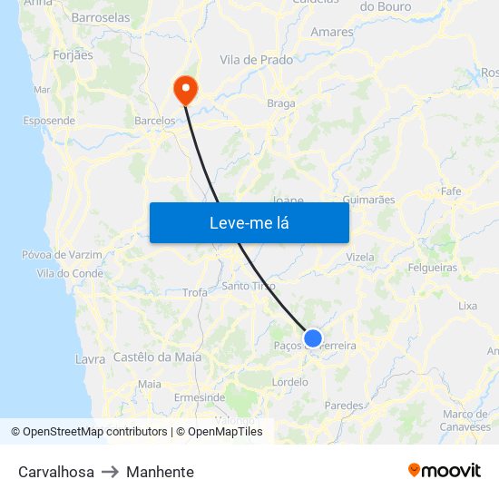 Carvalhosa to Manhente map