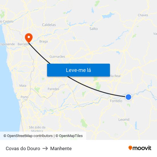 Covas do Douro to Manhente map