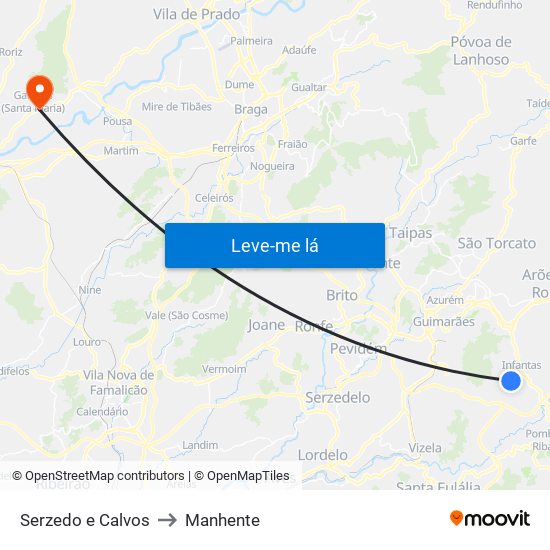 Serzedo e Calvos to Manhente map