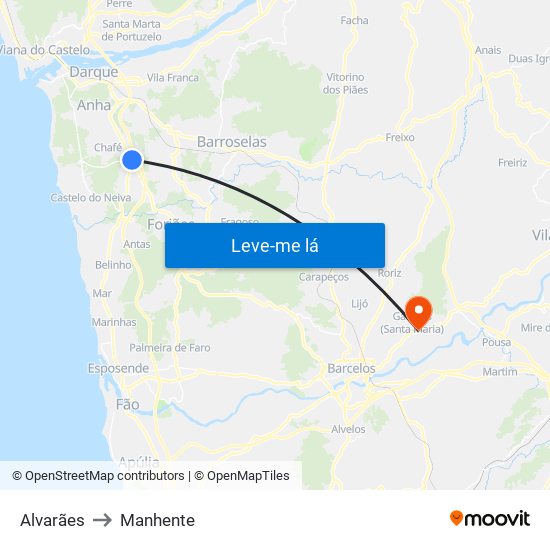 Alvarães to Manhente map