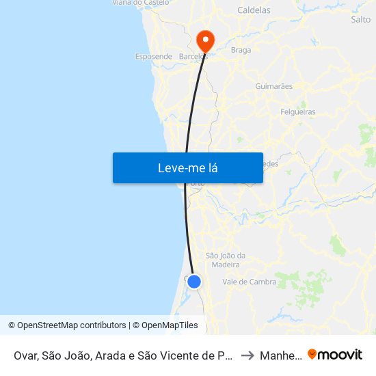 Ovar, São João, Arada e São Vicente de Pereira Jusã to Manhente map