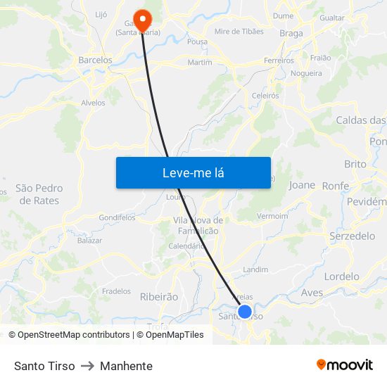 Santo Tirso to Manhente map