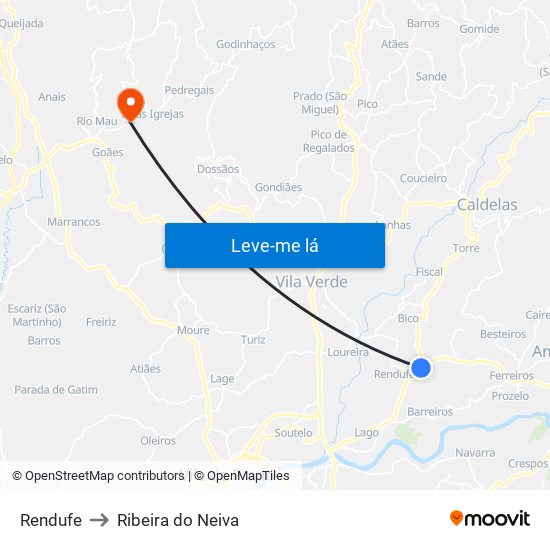 Rendufe to Ribeira do Neiva map