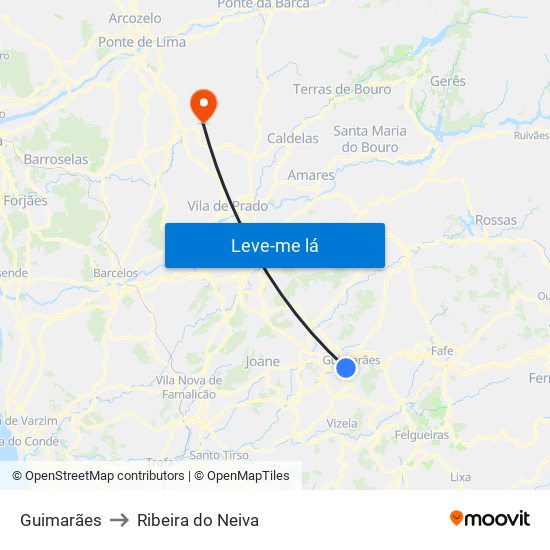 Guimarães to Ribeira do Neiva map