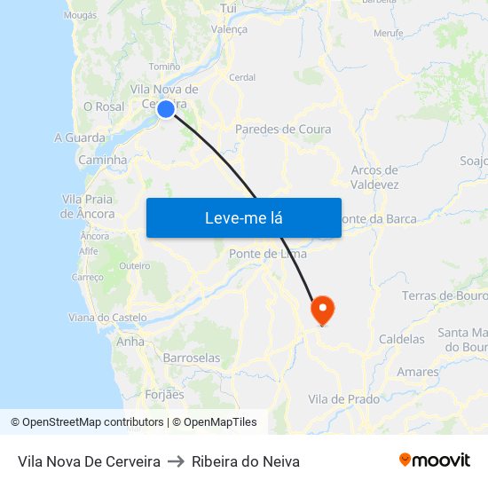 Vila Nova De Cerveira to Ribeira do Neiva map