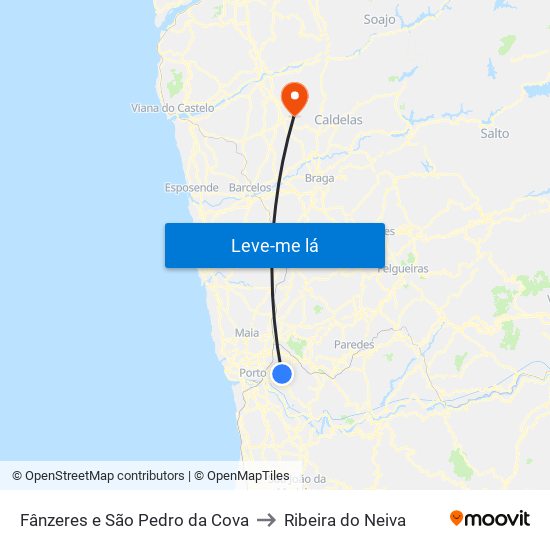 Fânzeres e São Pedro da Cova to Ribeira do Neiva map