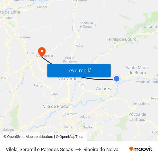 Vilela, Seramil e Paredes Secas to Ribeira do Neiva map