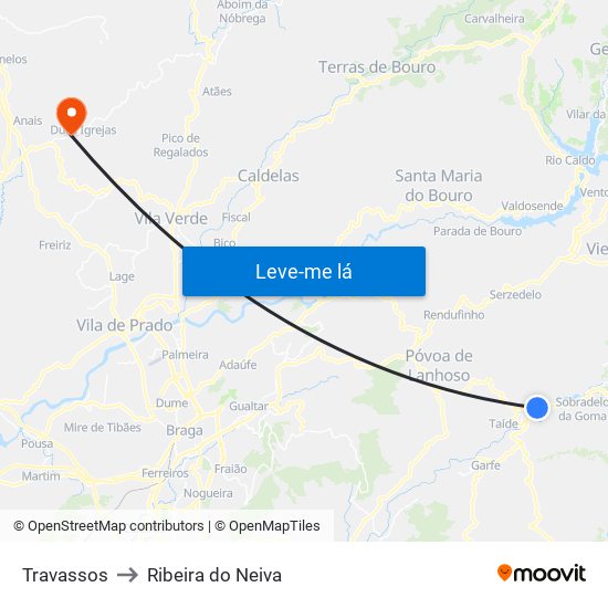 Travassos to Ribeira do Neiva map
