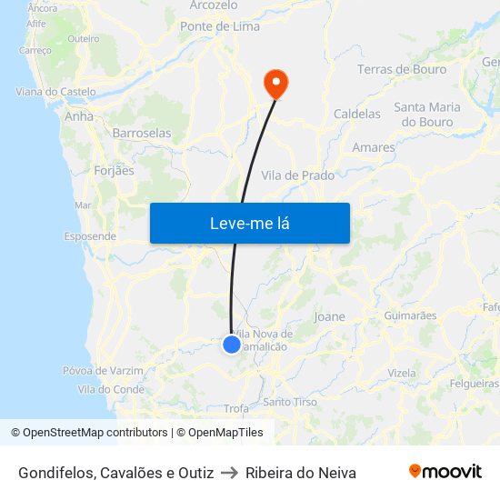 Gondifelos, Cavalões e Outiz to Ribeira do Neiva map
